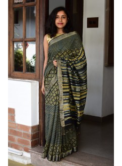 Green & Yellow, Handwoven Organic Cotton, Textured Weave , Natural dye, Hand block printed, Occasion Wear, Jari, Ajrakh Saree